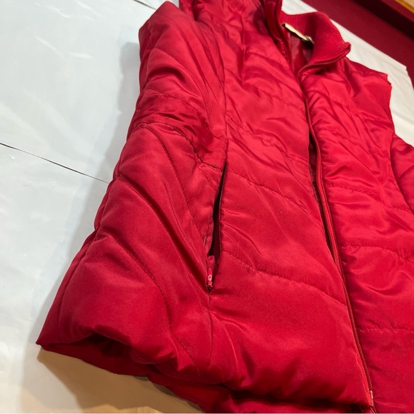 RED Puffer Vest womens M Pockets Sleeveless Jacket RIBBED BAND NECK M cinch Ties - Picture 15 of 16